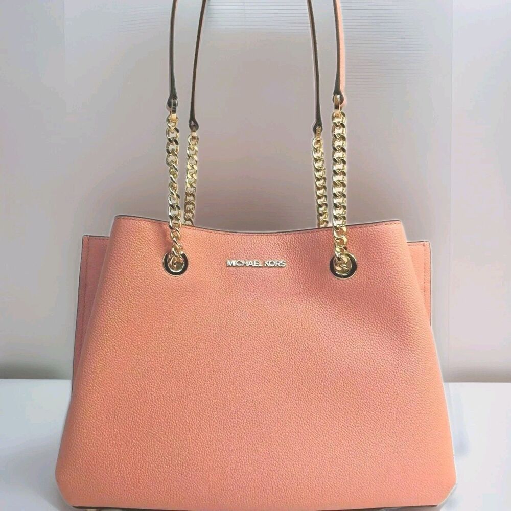 Michael Kors Teagan Large Peach Pebbled Leather Shoulder Tote Bag Gold Chain NWT